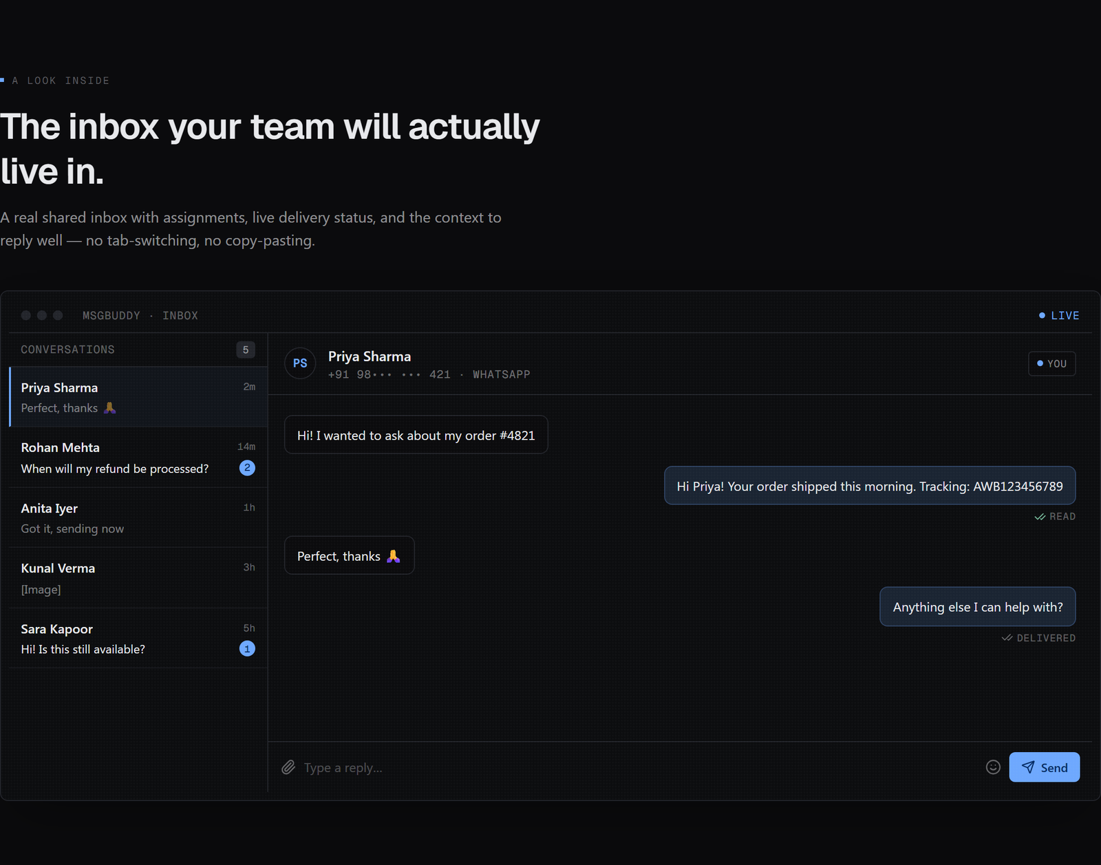 The MsgBuddy shared inbox: a conversation list on the left, an open WhatsApp thread with delivery statuses in the middle, and a reply composer at the bottom.