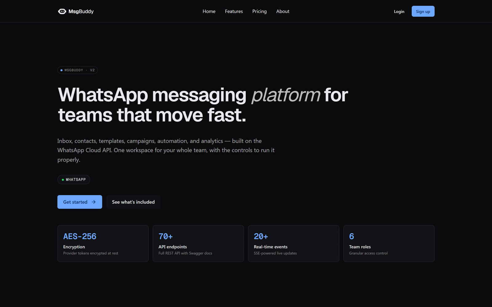 The MsgBuddy home page: a headline reading 'WhatsApp messaging platform for teams that move fast', with a Get started button and stat cards for encryption, API endpoints, real-time events, and team roles.